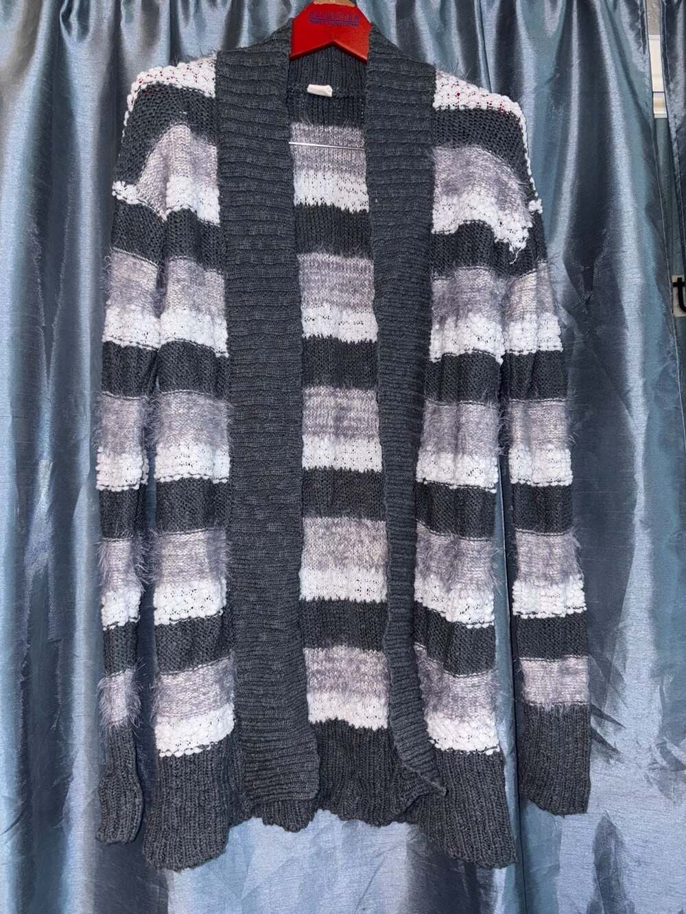 Wild Pearl Striped Open Front Textured Knit Cardigan XS